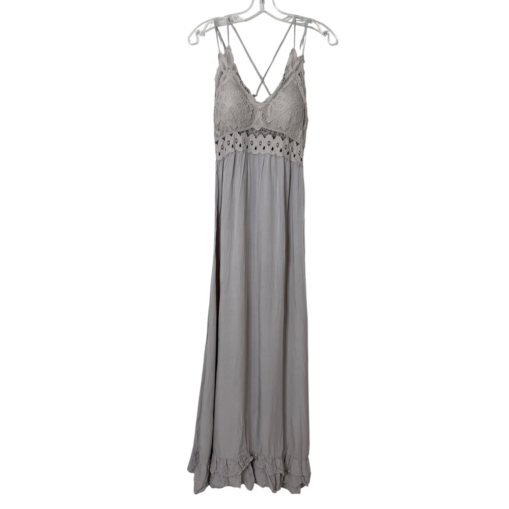 Pink Lily Maxi Dress Womens Large Gray Lace Bodice Ruffle Hem Crochet Boho